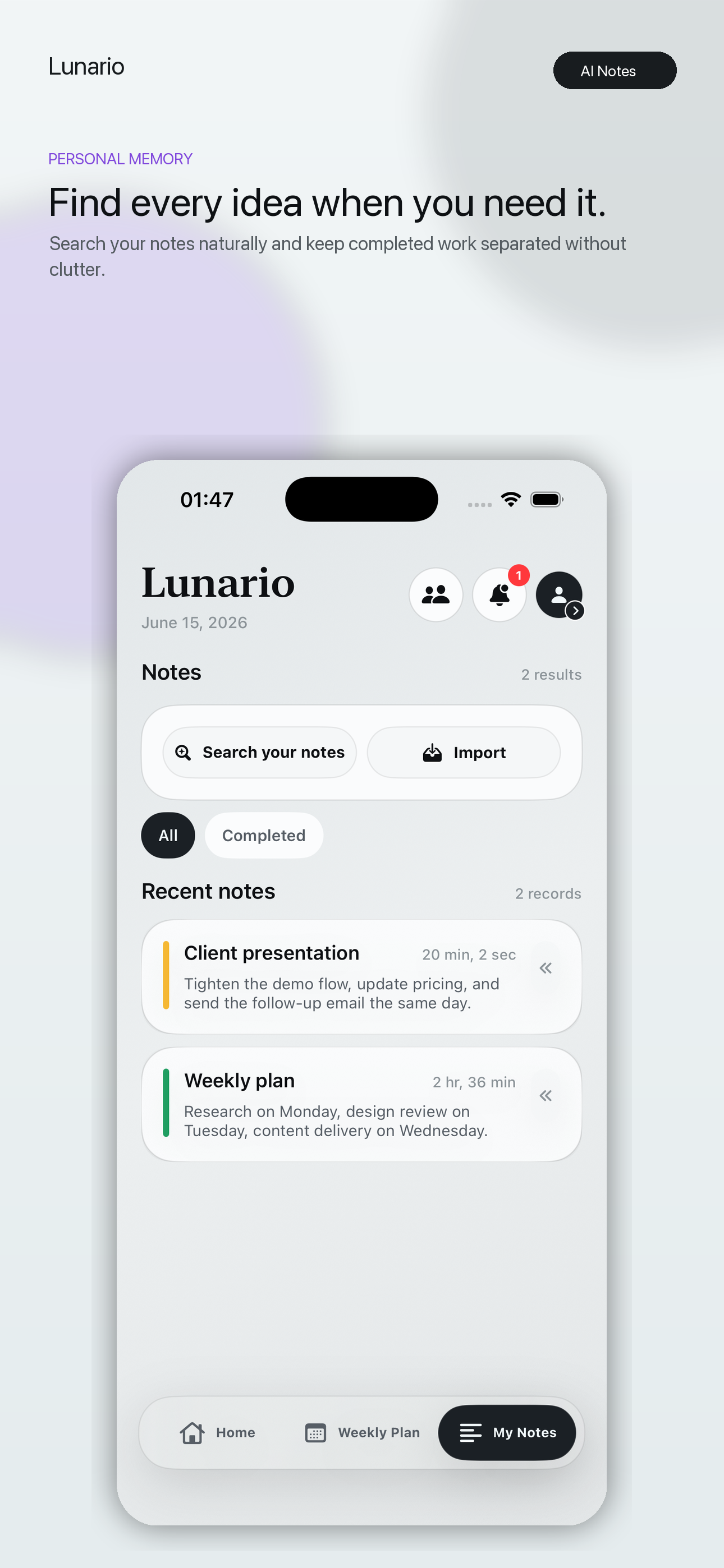Lunario notes screen