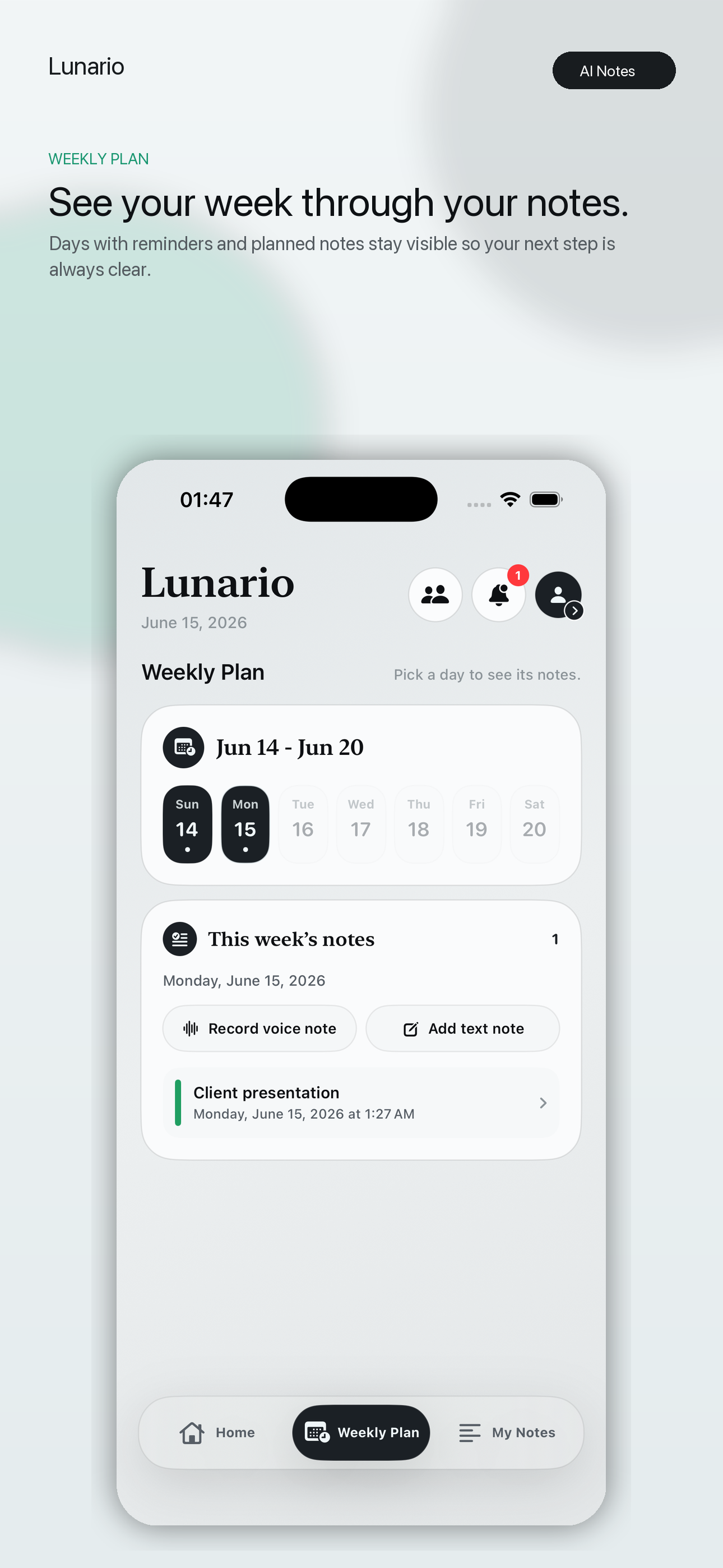Lunario weekly plan screen
